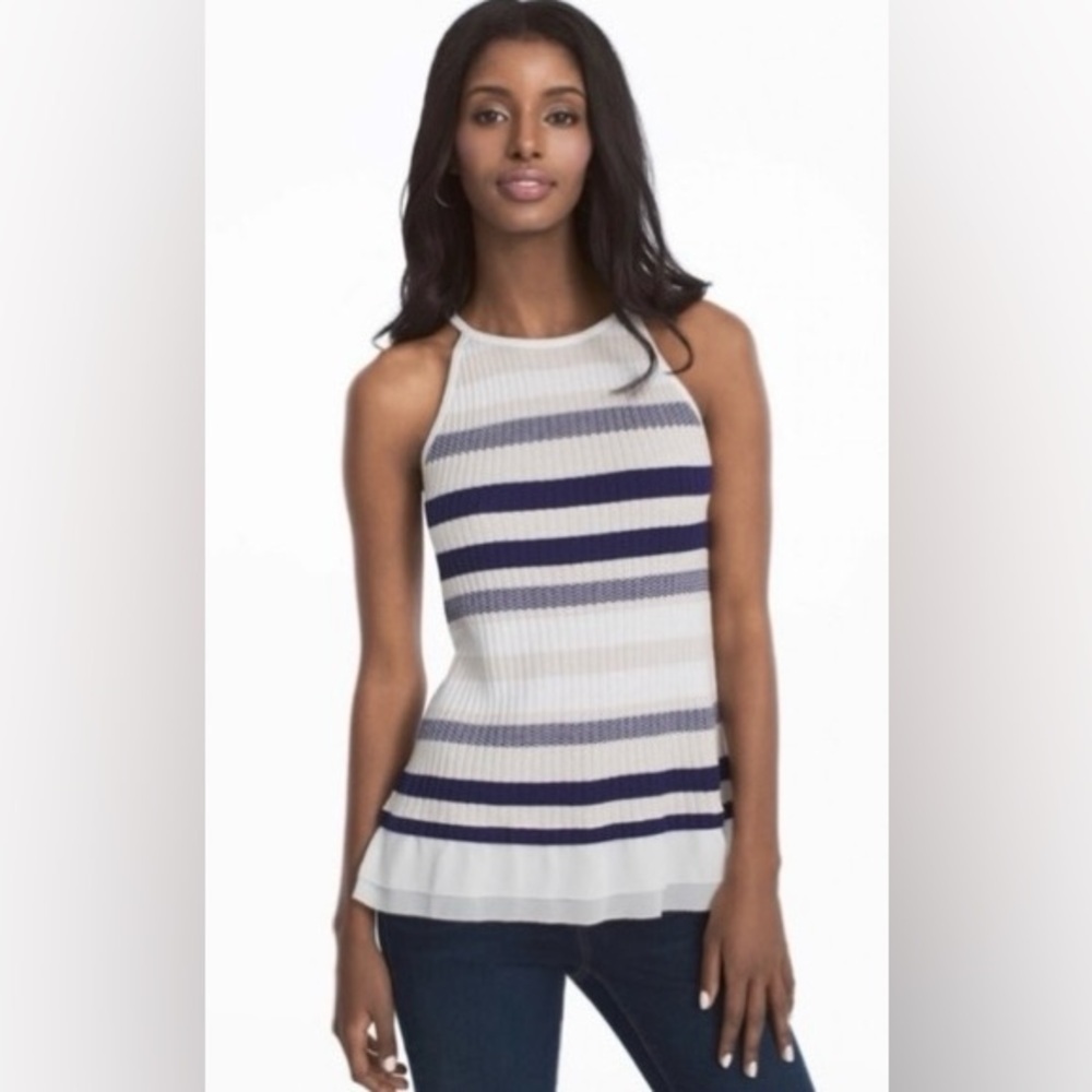 WHBM White House Black Market Women's Knit Navy Striped Halter Top Size Small